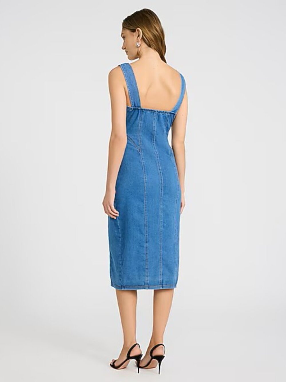 Stretch Denim Scoop Neck Button Front Seamed Midi Dress - Picture 2 of 2